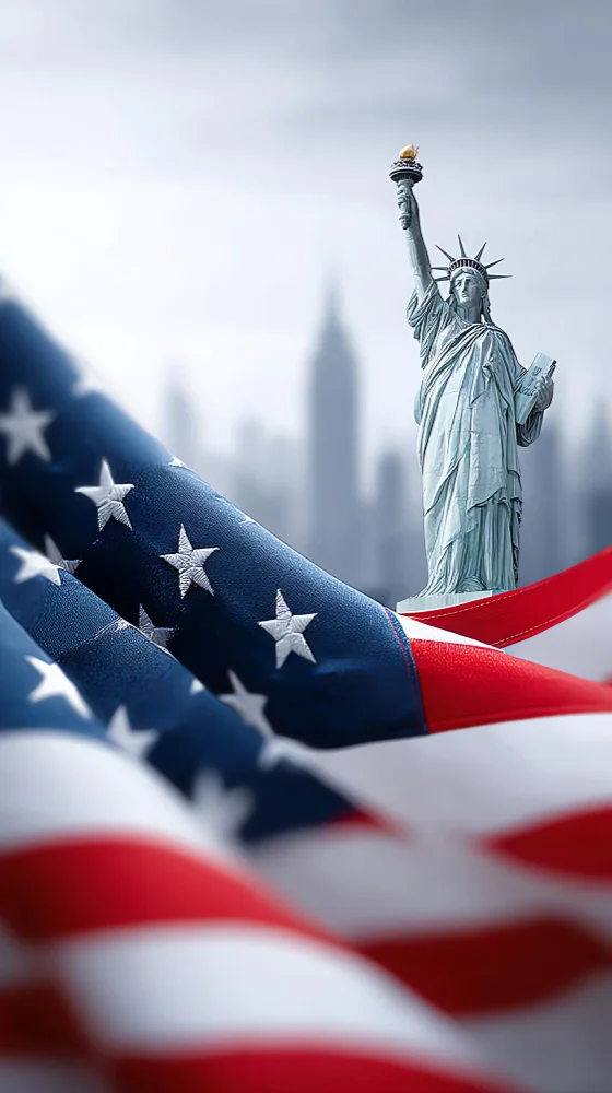 Statue of Liberty with the American flag